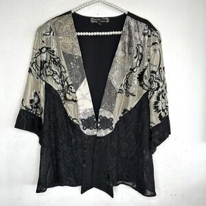 VTG Spencer Alexis Y2k Boho Kimono Top L  Asian Art Velvet Lace Sheer Metal USA
